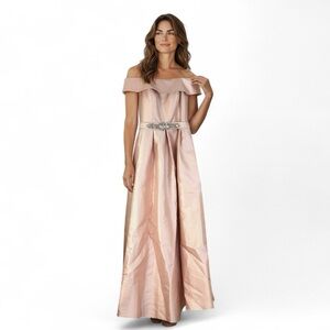 Eliza J Blush Pink Off-Shoulder Gown with Rhinestone Belt – Size 8